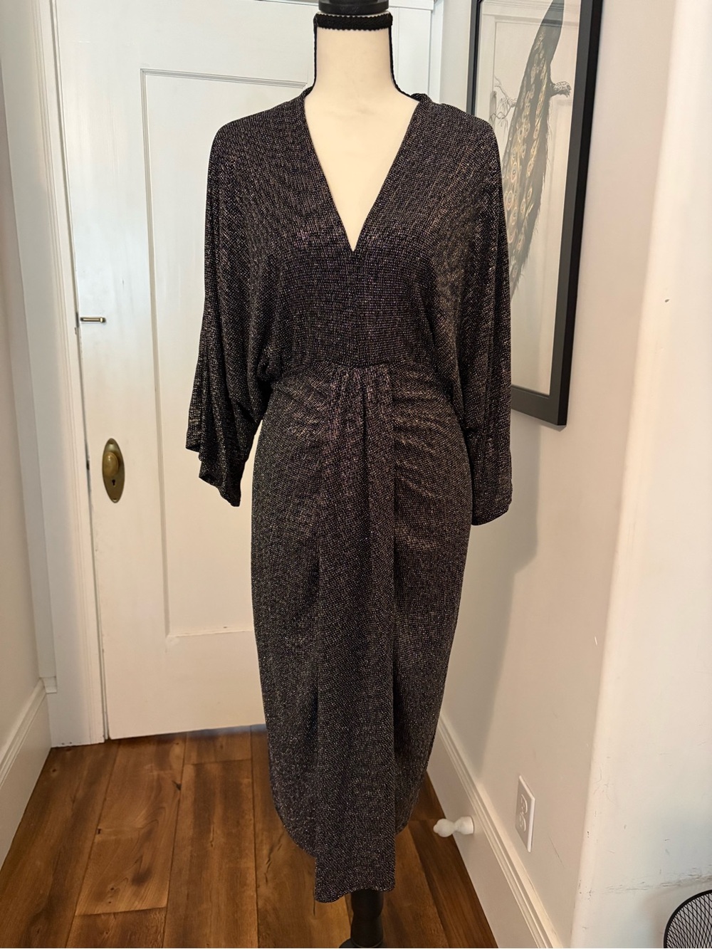 Sparkle Black Metallic Wrap-Style Midi Dress